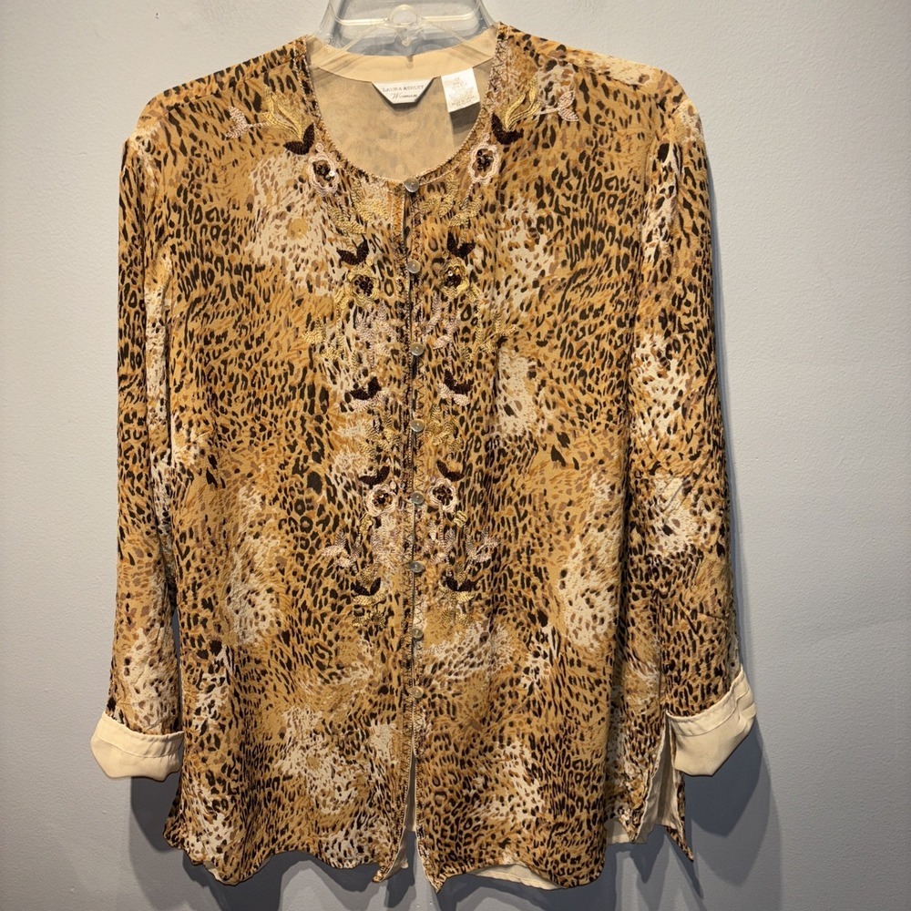Laura Ashley Silk Blouse Animal Cheetah Button Front Embroidered‎ Trim Sheer XL